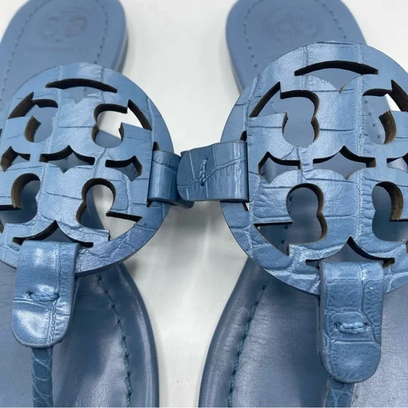 Tory Burch MILLER Leather Thong Sandals Logo Slip On Croc Embossed Women's 6 Blu - Picture 3 of 9